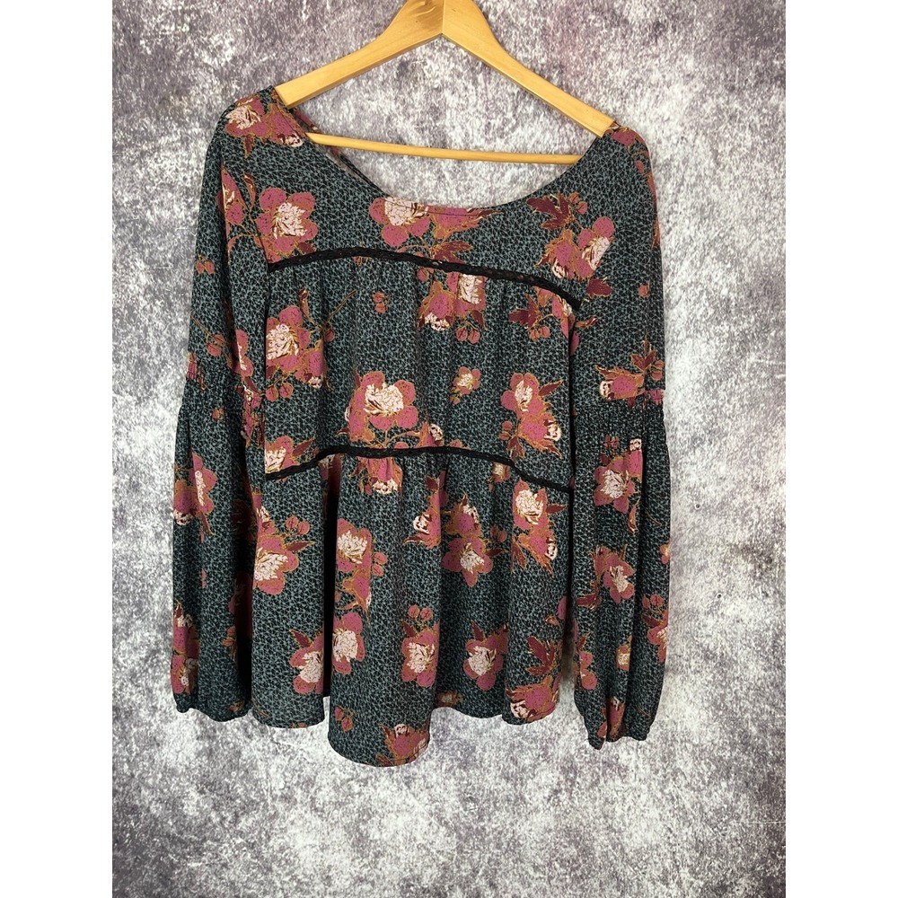 Knox‎ Rose Shirt Women's L Black Pink Tiered Tassel Cottage Fairy Boho Romantic